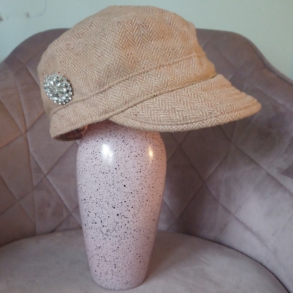 Vintage Roxy Pink Tweed Look Cap with Faux Diamond Brooch